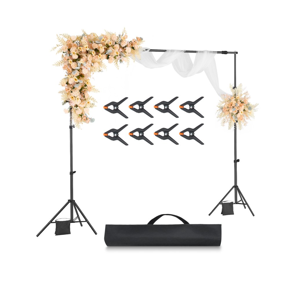 VEVOR Backdrop Stand, 213 x 300 cm Adjustable Photo Backdrop Stand Kit, Portable Background Backdrop Stand with 3 Crossbars, Heavy Duty Projector Screen Stand, for Wedding, Photo Video Studio & Party