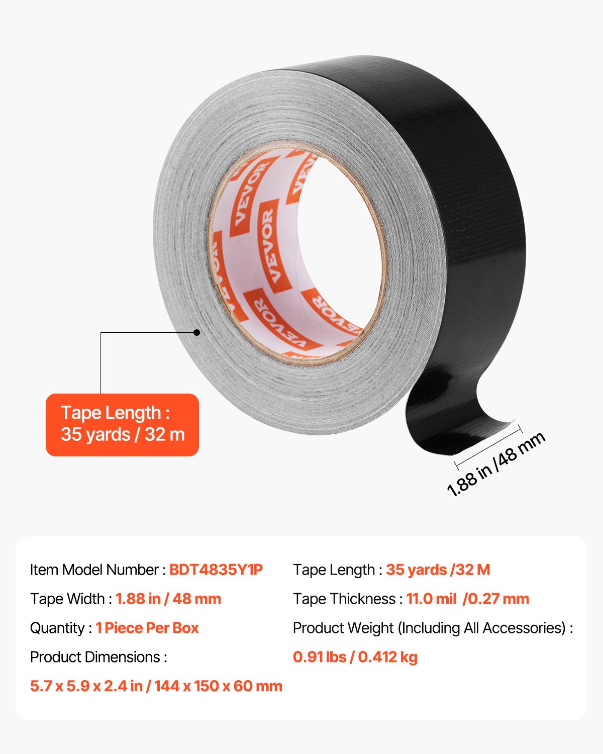 VEVOR Duct Tape, 1.88 in x 35 Yards, 1-Pack, Waterproof and Temperature-Resistant, No Residue Strong Adhesive Heavy Duty Duct Tape, Tear by Hand, for Indoor and Outdoor Repairs, All Weather, Black