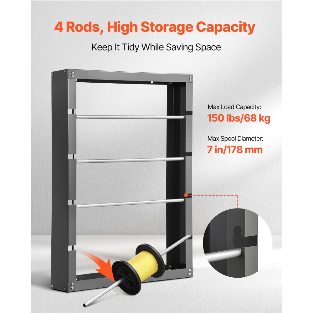 VEVOR Wire Spool Rack, 4 Adjustable Rods, Cold-Rolled Steel Wire Spool Holder Wall Mounted for Multi-Spools, Wiring Storage, 68kg / 150 lbs Capacity Cable Dispenser, for Electrical Industrial Retail Use
