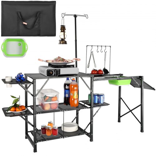 VEVOR Camping Kitchen Table, One-piece Folding Portable Cook Station with A Carrying Bag, Long Aluminum Camping Table 3 Side Tables, 2 Shelves & A Detachable Sink for Outdoor Picnics, BBQs, Camping