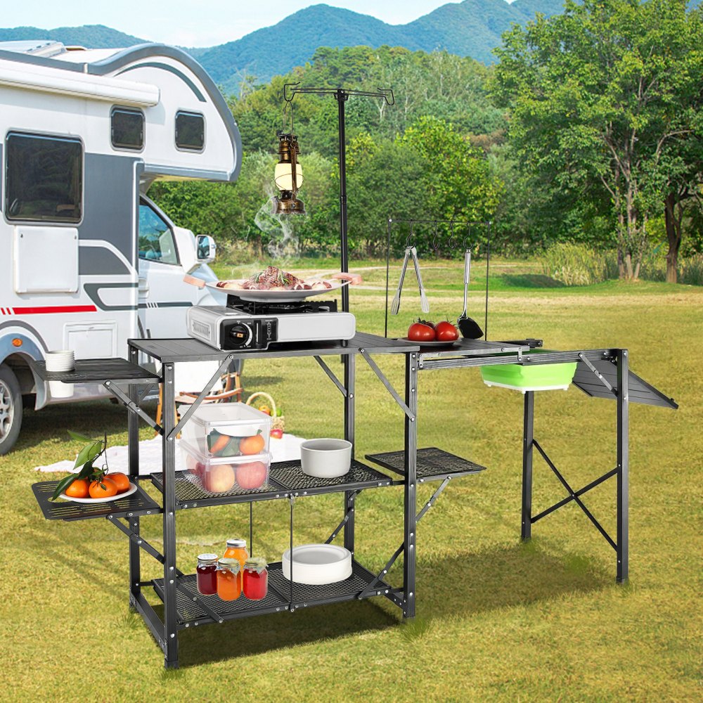 VEVOR Portable Camp Kitchen, Foldable Outdoor Cooking Station with Carrying Case, Extended Aluminum Table, 3 Auxiliary Tables, Dual Shelves & Removable Sink for Picnics, Barbecues, and Camping