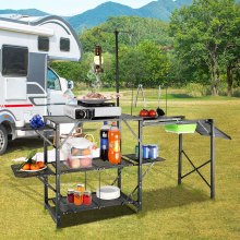 Masă de bucătărie de camping VEVOR, stație de gătit portabilă pliabilă dintr-o singură bucată cu o geantă de transport, masă lungă de camping din aluminiu 3 mese laterale, 2 rafturi și o chiuvetă detașabilă pentru picnicuri în aer liber, grătar, camping