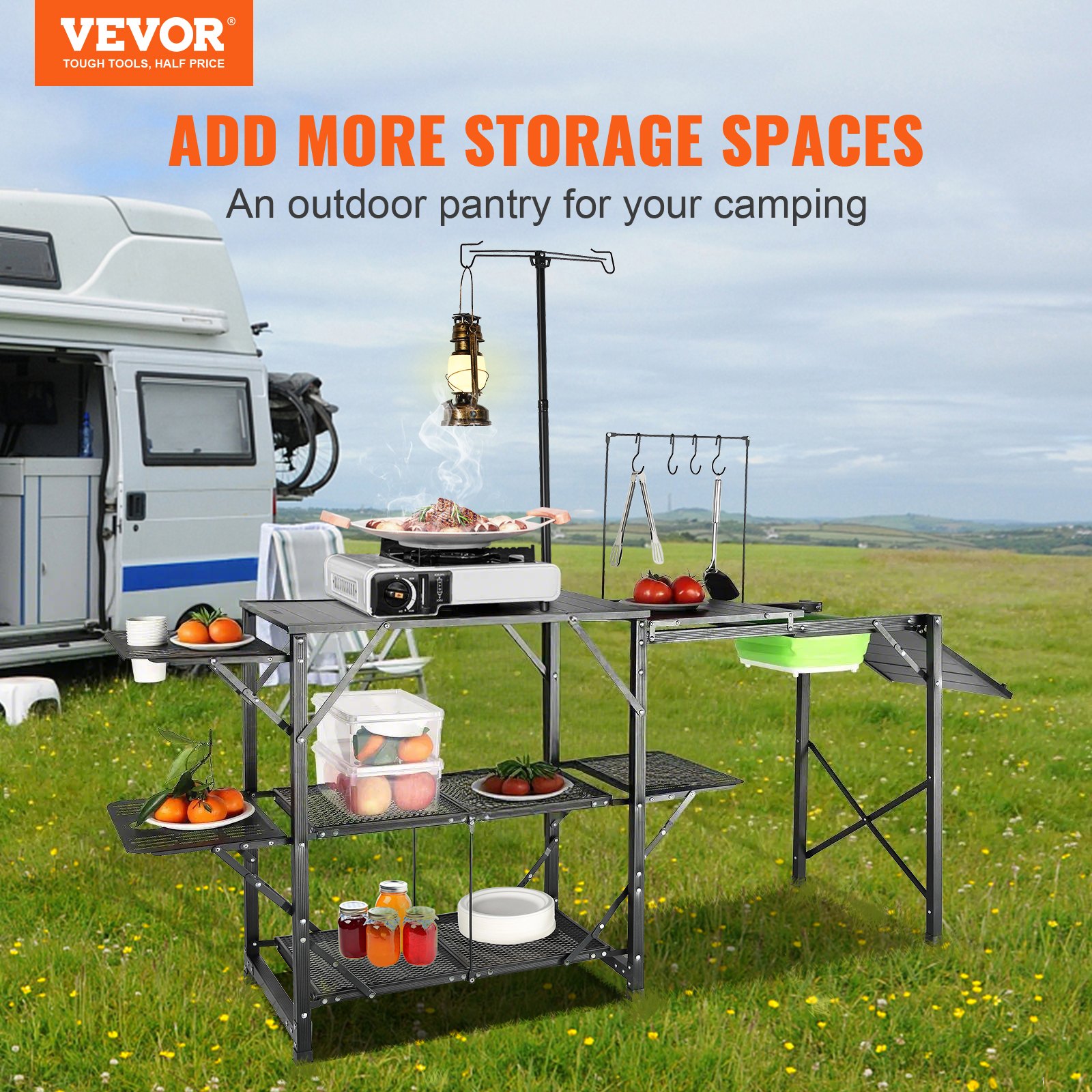 VEVOR Camping Kitchen Table, One-piece Folding Portable Cook Station with A Carrying Bag, Long Aluminum Camping Table 3 Side Tables, 2 Shelves & A Detachable Sink for Outdoor Picnics, BBQs, Camping