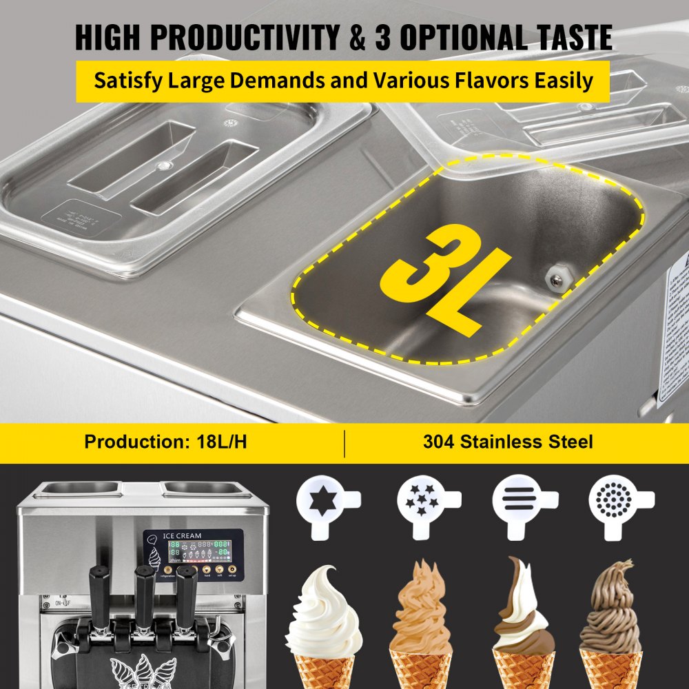 Commercial 3 Flavors Soft Ice Cream Machine 60hz Lcd Panel One-click Cleaning
