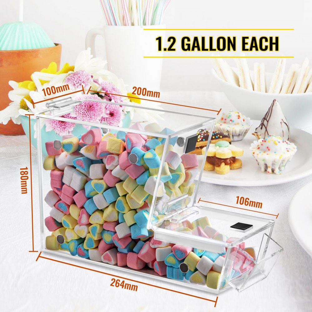 VEVOR Dispensador apilable de cobertura de caramelos, contenedor de caramelos acrílico de 11 x 4 x 7 pulgadas, contenedor de caramelos a granel con puerta magnética con bisagras, mini dispensador de caramelos con cuchara y soporte para cucharas, capacidad para 1,2 galones de alimentos secos, cereales |
