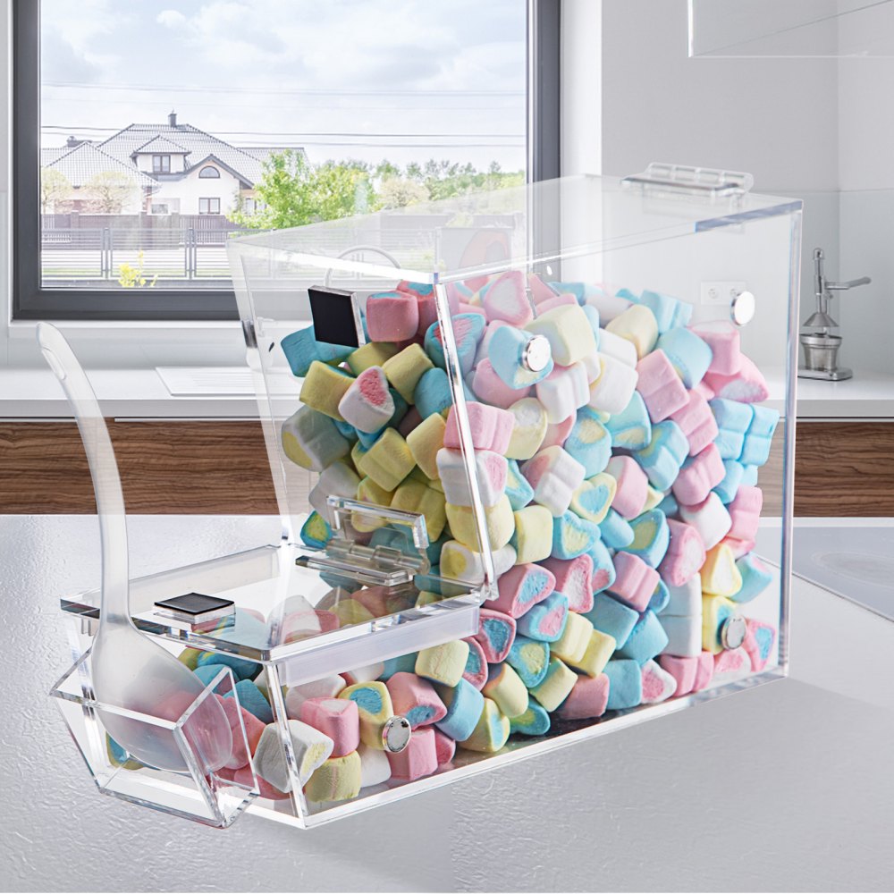 VEVOR Dispensador apilable de cobertura de caramelos, contenedor de caramelos acrílico de 11 x 4 x 7 pulgadas, contenedor de caramelos a granel con puerta magnética con bisagras, mini dispensador de caramelos con cuchara y soporte para cucharas, capacidad para 1,2 galones de alimentos secos, cereales |