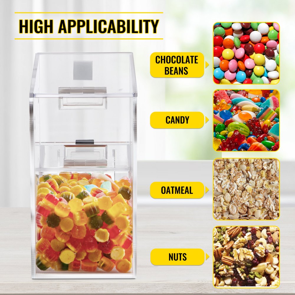 VEVOR Dispensador apilable de cobertura de caramelos, contenedor de caramelos acrílico de 11 x 4 x 7 pulgadas, contenedor de caramelos a granel con puerta magnética con bisagras, mini dispensador de caramelos con cuchara y soporte para cucharas, capacidad para 1,2 galones de alimentos secos, cereales |
