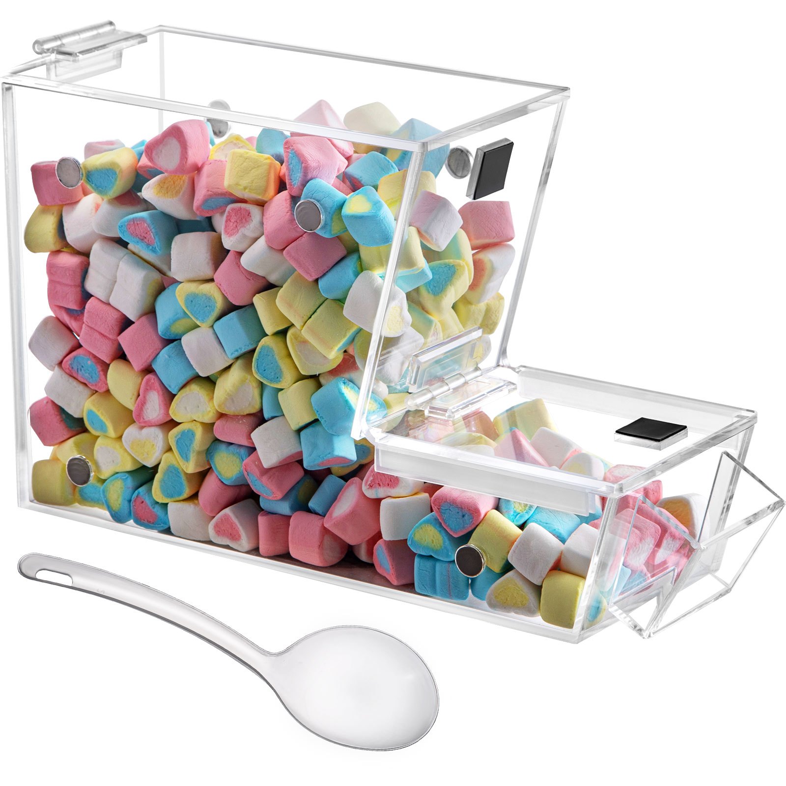VEVOR Dispensador apilable de cobertura de caramelos, contenedor de caramelos acrílico de 11 x 4 x 7 pulgadas, contenedor de caramelos a granel con puerta magnética con bisagras, mini dispensador de caramelos con cuchara y soporte para cucharas, capacidad para 1,2 galones de alimentos secos, cereales |