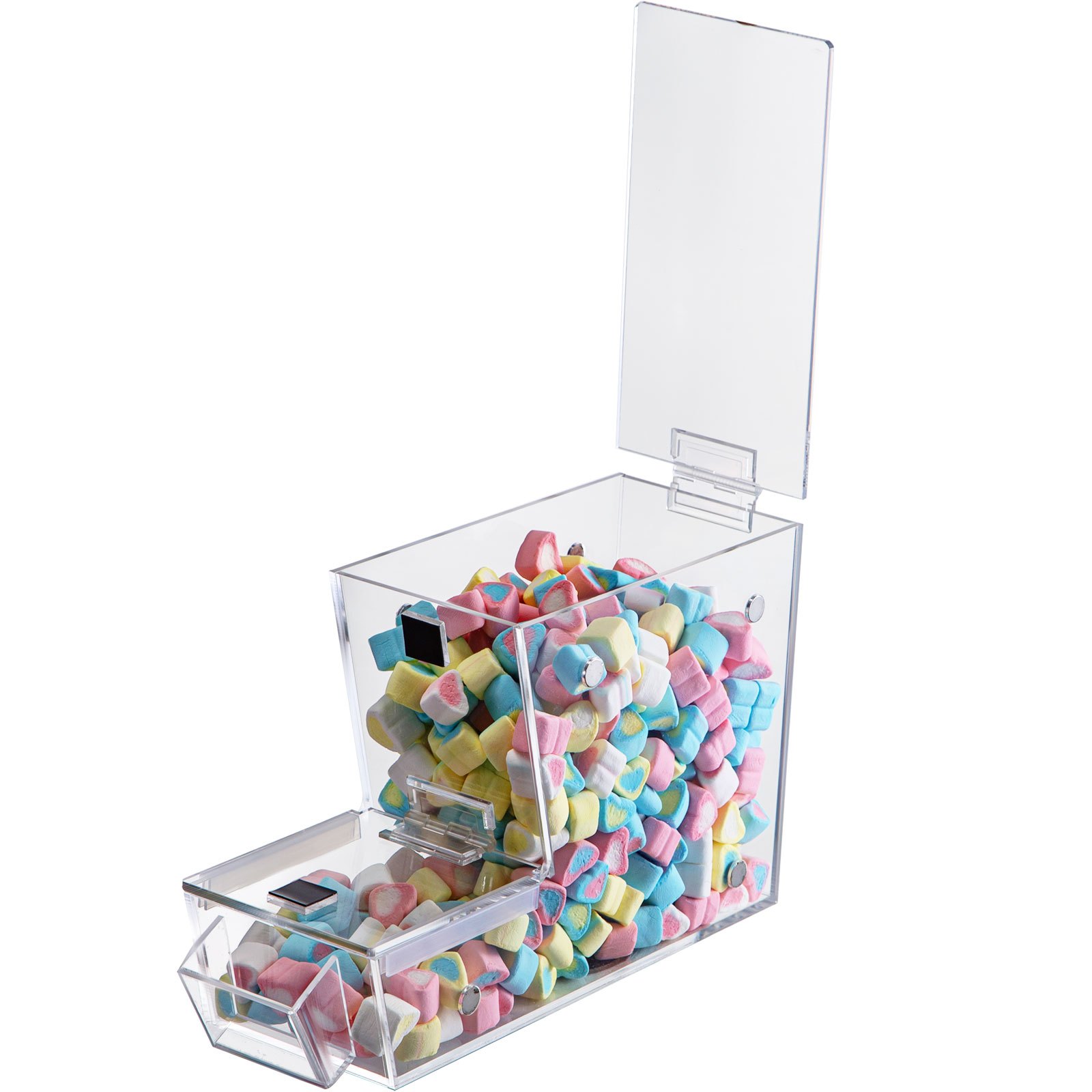 VEVOR Dispensador apilable de cobertura de caramelos, contenedor de caramelos acrílico de 11 x 4 x 7 pulgadas, contenedor de caramelos a granel con puerta magnética con bisagras, mini dispensador de caramelos con cuchara y soporte para cucharas, capacidad para 1,2 galones de alimentos secos, cereales |