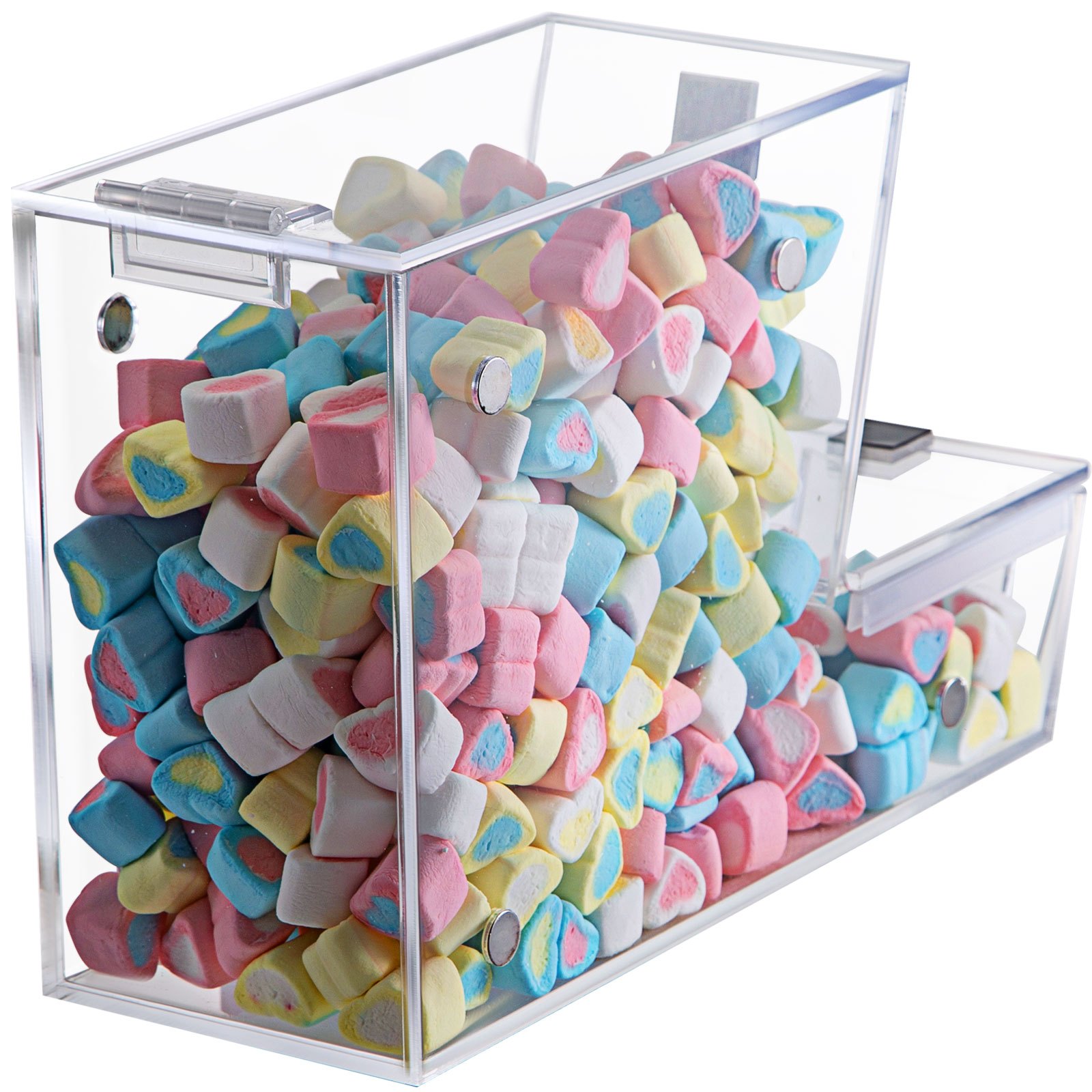VEVOR Dispensador apilable de cobertura de caramelos, contenedor de caramelos acrílico de 11 x 4 x 7 pulgadas, contenedor de caramelos a granel con puerta magnética con bisagras, mini dispensador de caramelos con cuchara y soporte para cucharas, capacidad para 1,2 galones de alimentos secos, cereales |