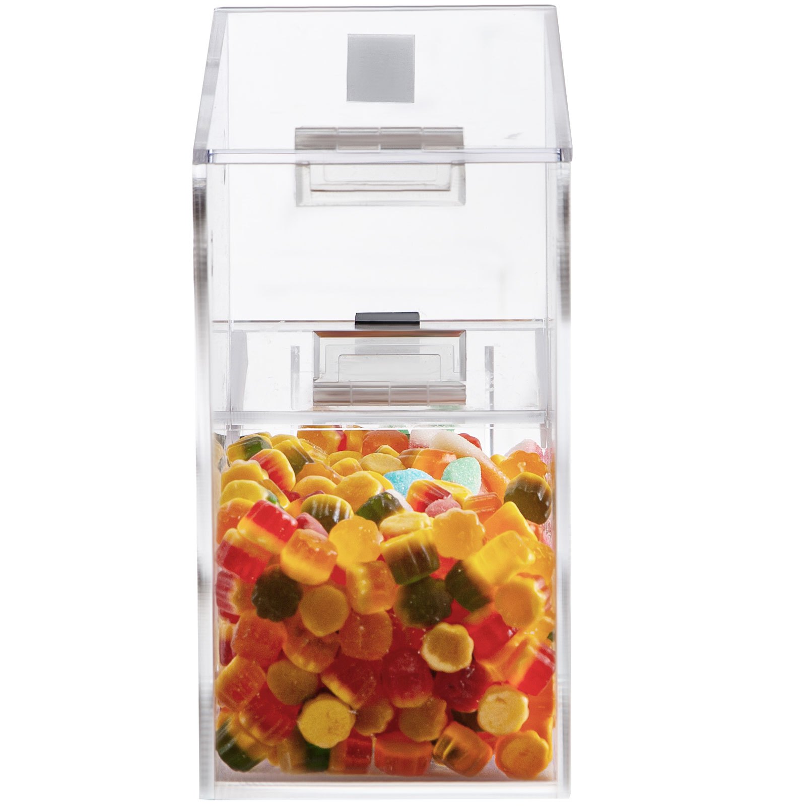 VEVOR Dispensador apilable de cobertura de caramelos, contenedor de caramelos acrílico de 11 x 4 x 7 pulgadas, contenedor de caramelos a granel con puerta magnética con bisagras, mini dispensador de caramelos con cuchara y soporte para cucharas, capacidad para 1,2 galones de alimentos secos, cereales |