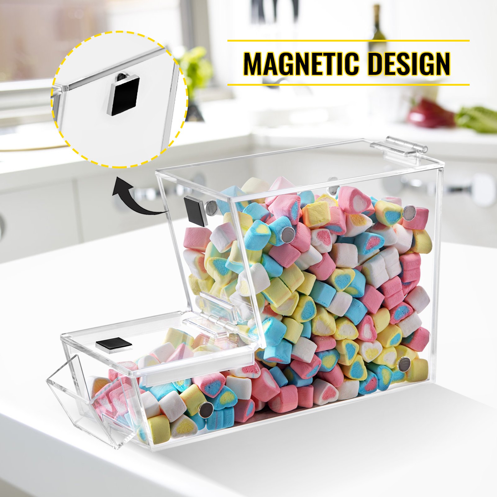 VEVOR Dispensador apilable de cobertura de caramelos, contenedor de caramelos acrílico de 11 x 4 x 7 pulgadas, contenedor de caramelos a granel con puerta magnética con bisagras, mini dispensador de caramelos con cuchara y soporte para cucharas, capacidad para 1,2 galones de alimentos secos, cereales |