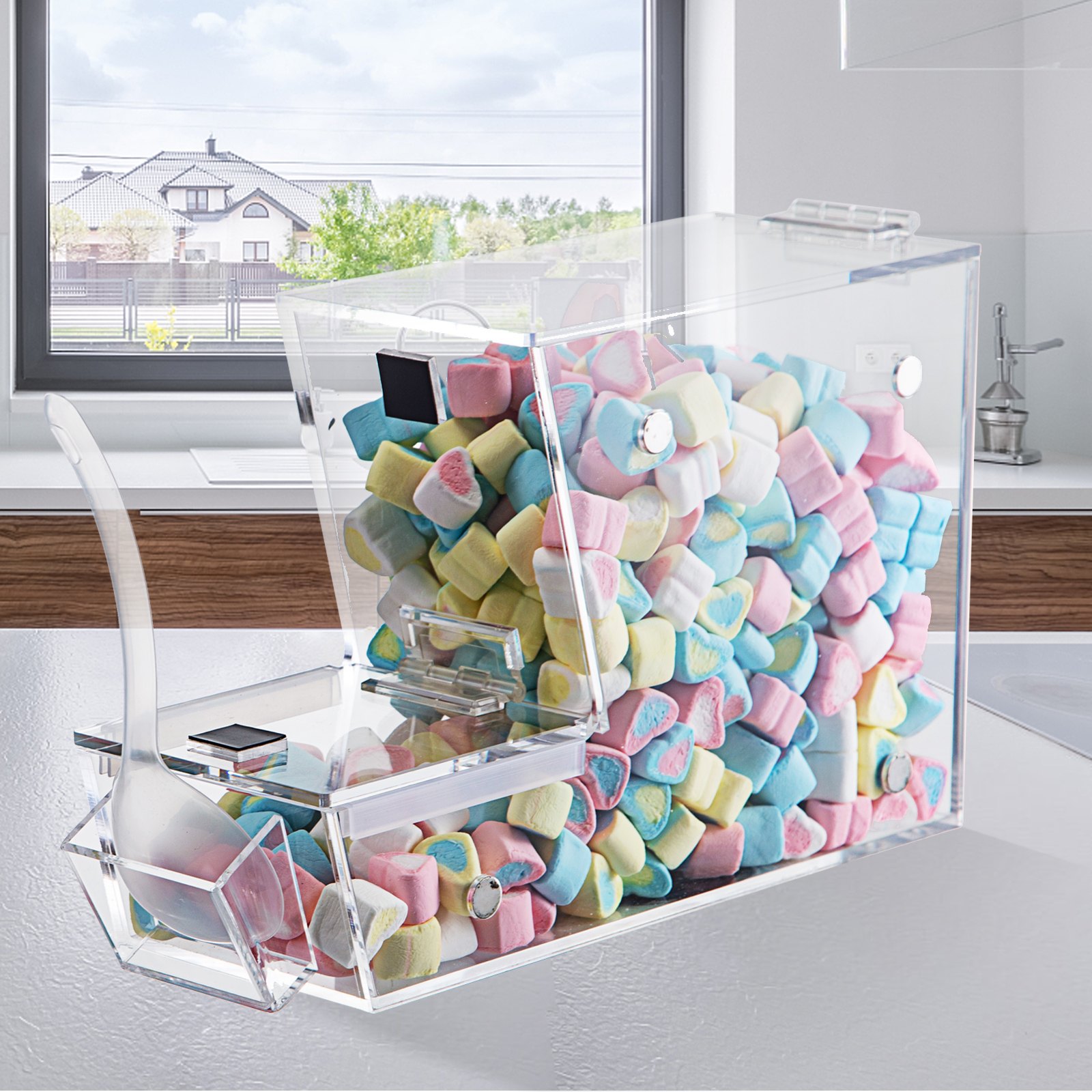 VEVOR Dispensador apilable de cobertura de caramelos, contenedor de caramelos acrílico de 11 x 4 x 7 pulgadas, contenedor de caramelos a granel con puerta magnética con bisagras, mini dispensador de caramelos con cuchara y soporte para cucharas, capacidad para 1,2 galones de alimentos secos, cereales |