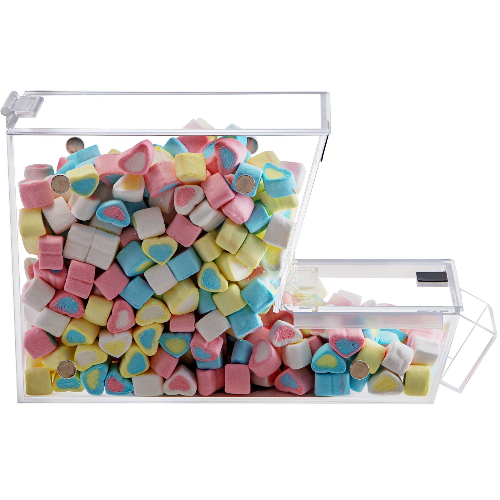VEVOR Dispensador apilable de cobertura de caramelos, contenedor de caramelos acrílico de 11 x 4 x 7 pulgadas, contenedor de caramelos a granel con puerta magnética con bisagras, mini dispensador de caramelos con cuchara y soporte para cucharas, capacidad para 1,2 galones de alimentos secos, cereales |