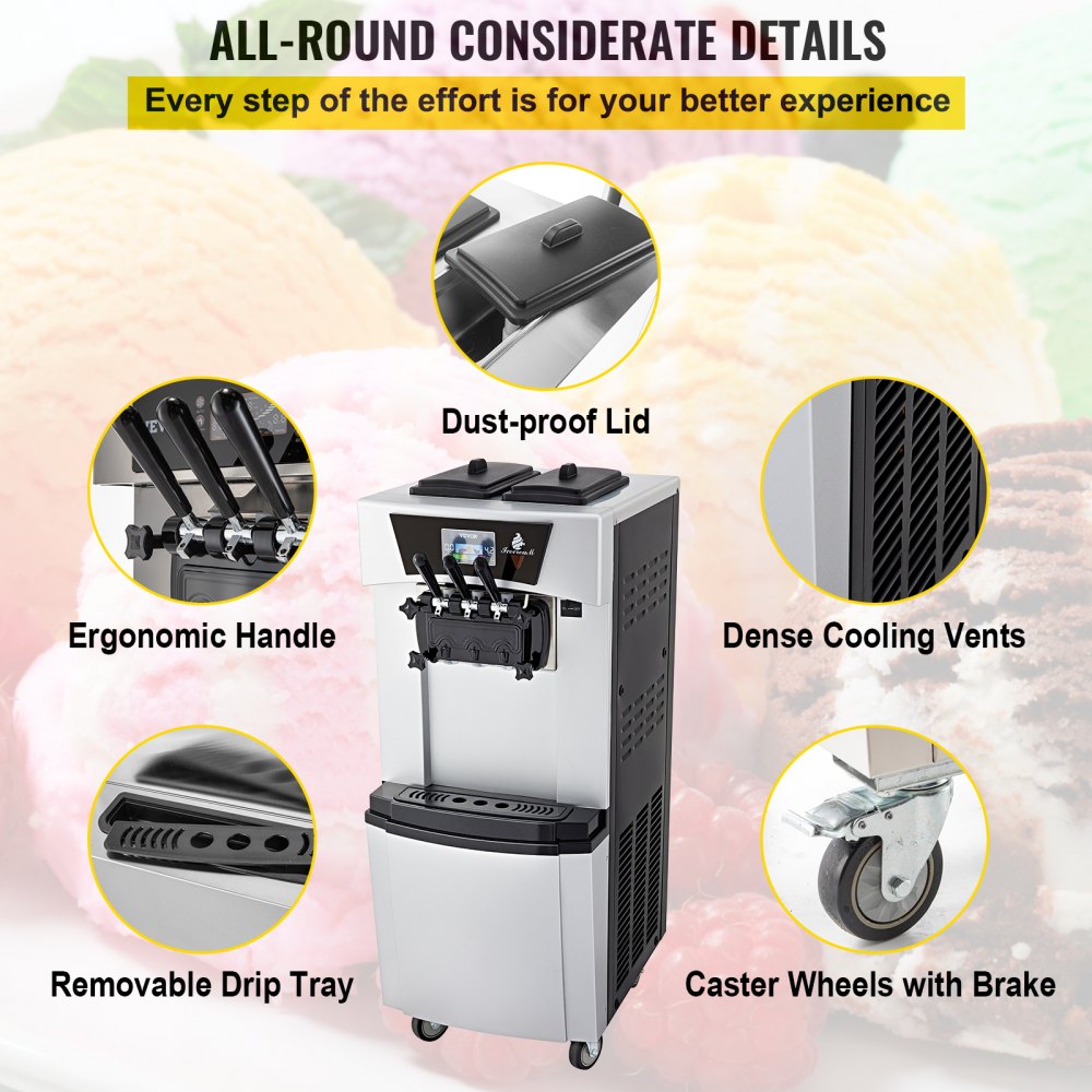 VEVOR Commercial Soft Ice Cream Machine 3 Flavors Soft Serve Maker 20-30 L/H