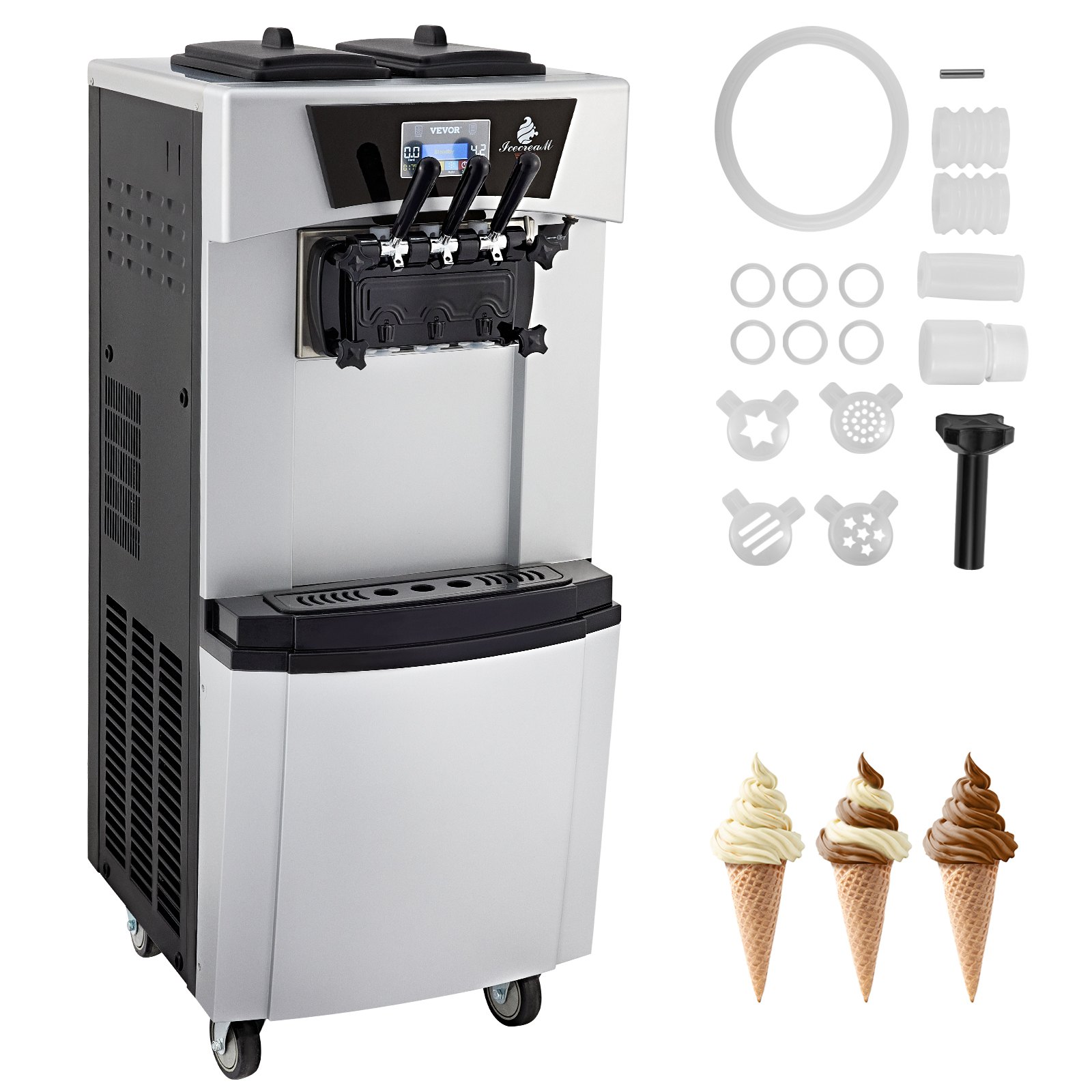 VEVOR Commercial Soft Ice Cream Machine 3 Flavors Soft Serve Maker 20-30 L/H