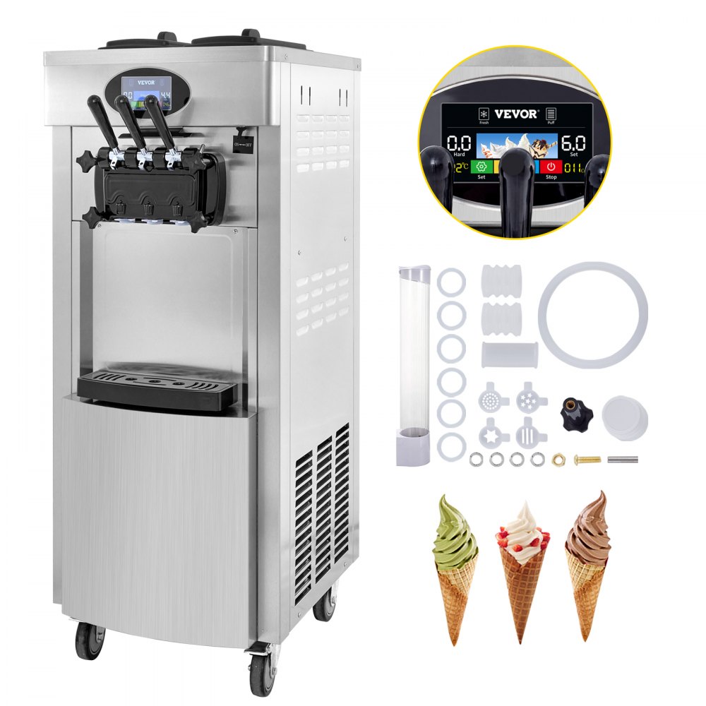 VEVOR 2200W Commercial Soft Ice Cream Machine 3 Flavors 5.3 to 7.4Gallon  per Hour PreCooling at Night Auto Clean LCD Panel for Restaurants Snack  Bar, Sliver