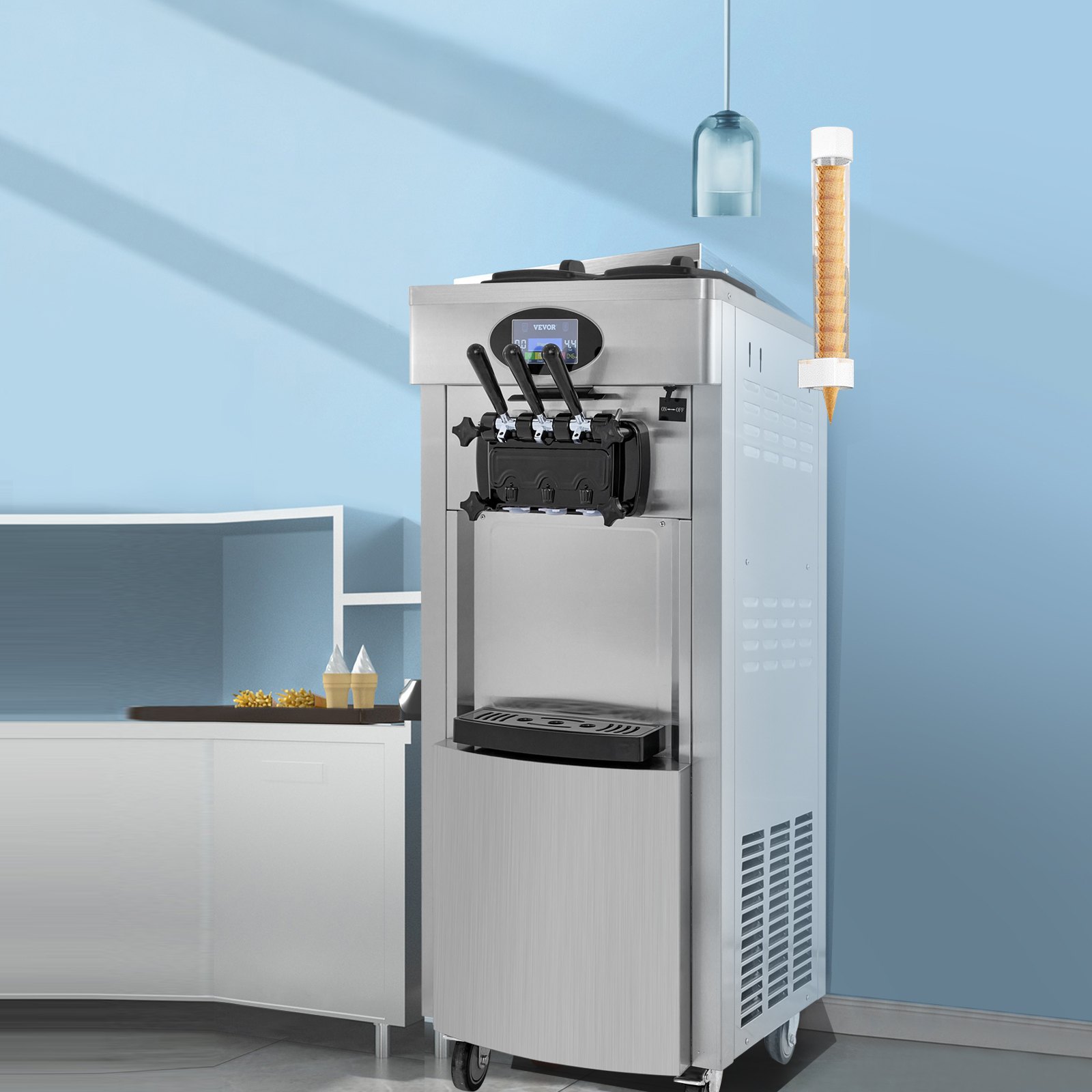 VEVOR 2200W Commercial Soft Ice Cream Machine 3 Flavors 5.3 to 7.4Gallon per Hour PreCooling at Night Auto Clean LCD Panel for Restaurants Snack Bar, Sliver