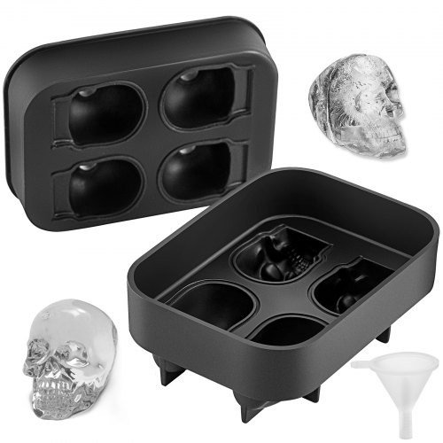 VEVOR Skull Ice Cube Tray, 4-Grid Skull Ice Ball Maker, Flexible Black Silicone Ice Tray with Lid & Funnel, Funny Skull Ice Cubes 1.6"x1.8" Each for Beverage, Chocolate, etc. on Parties &