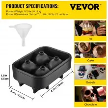VEVOR Skull Ice Cube Tray, 4-Grid Skull Ice Ball Maker, Flexible Black Silicone Ice Tray with Lid & Funnel, Funny Skull Ice Cubes 1.6"x1.8" Each for Beverage, Chocolate, etc. on Parties & Holidays