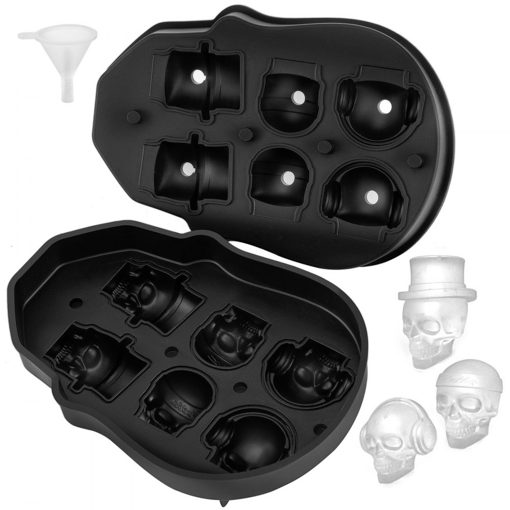 VEVOR Skull Ice Cube Tray 6-Grid Skull Ice Ball Maker Flexible Black Silicone Ice Tray with Lid & Funnel BJLJTBG6G00000001V0