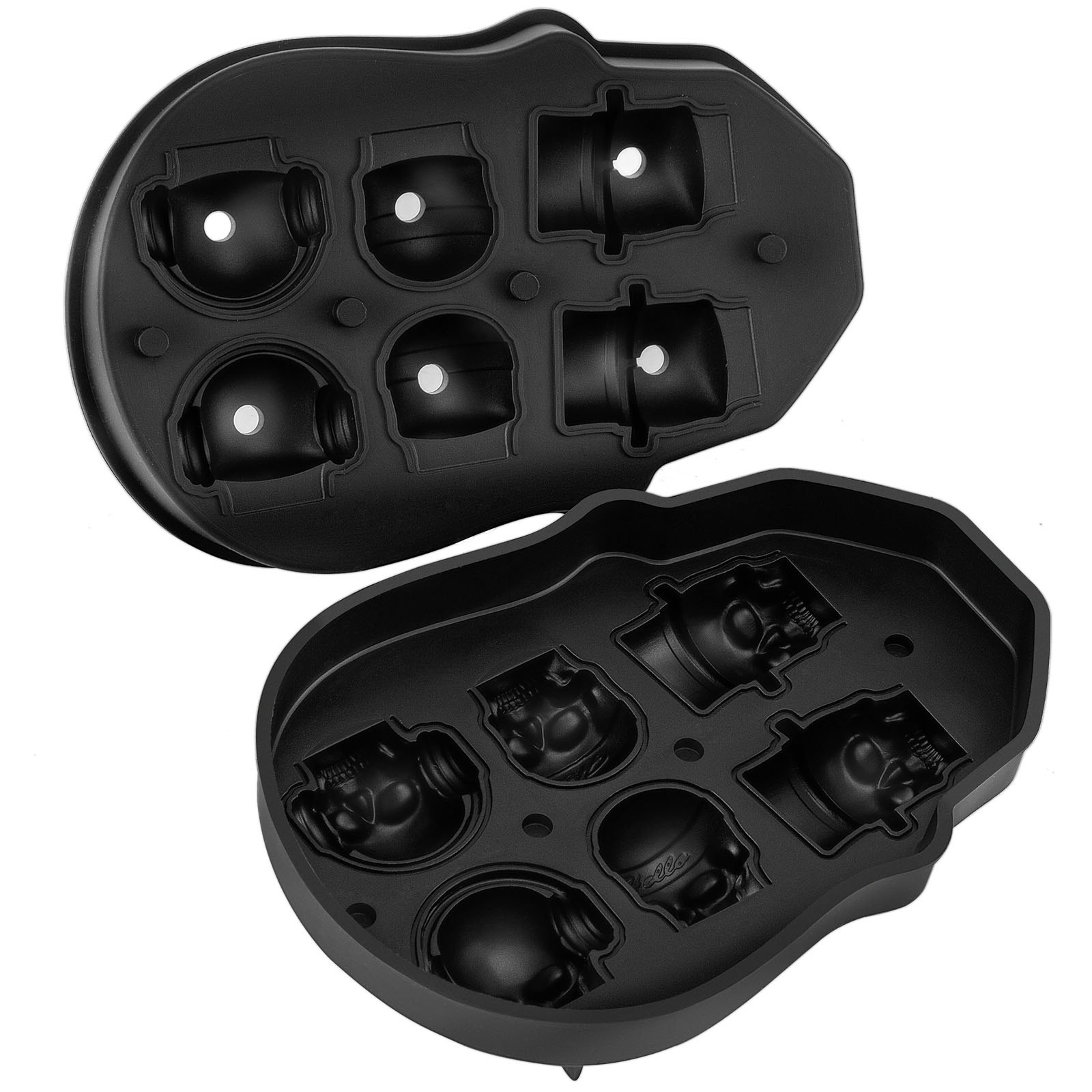 VEVOR Skull Ice Cube Tray, 6-Grid Skull Ice Ball Maker, Flexible Black Silicone Ice Tray with Lid & Funnel, Skull Ice Cubes in 3 Distinct Patterns for Beverages & Chocolates on Parties & Holidays
