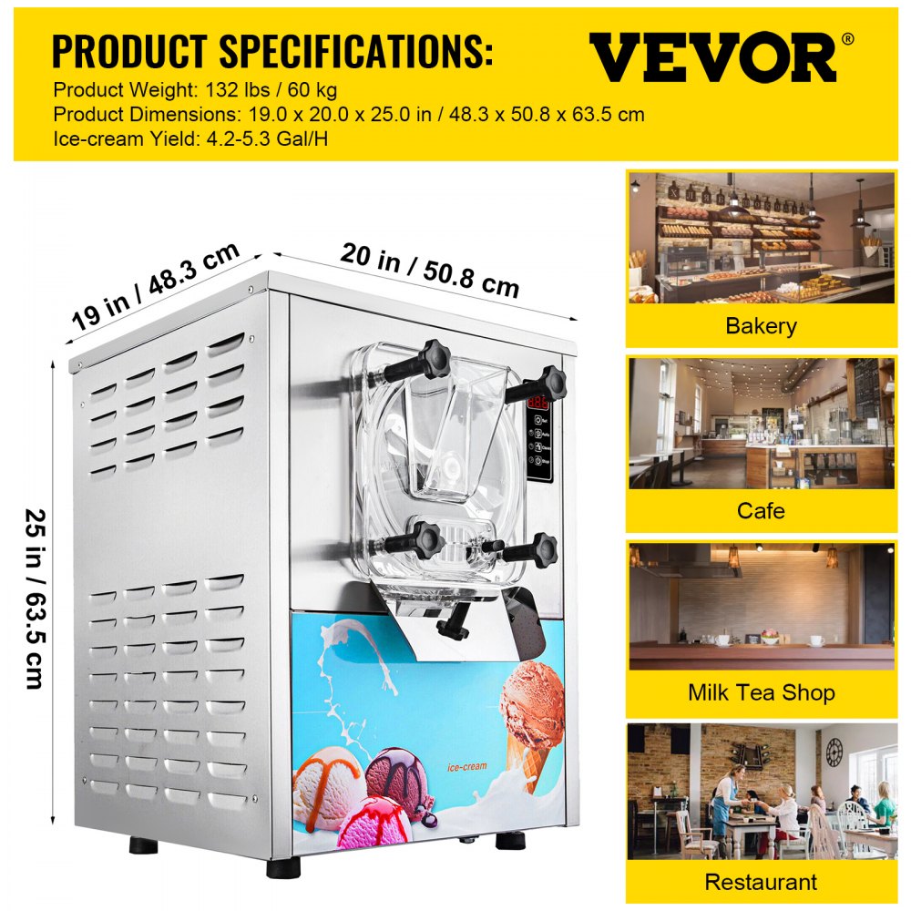 VEVOR Máquina de helado comercial 1400W 20/5.3 galones por hora Máquina para hacer helados de servicio duro con pantalla LED Temporizador de apagado automático Un sabor Perfecto para restaurantes Snack Bar supermercados