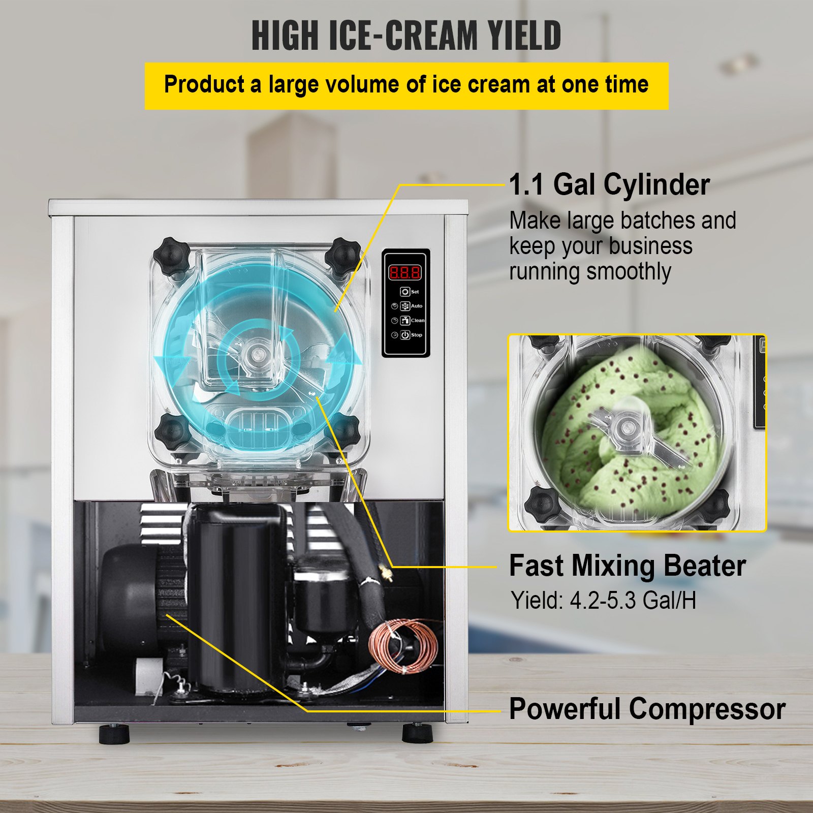 VEVOR Hard Ice Cream Machine 1400W Commercial Ice Cream Machine 3.5-4.5Gal/H Professional Ice Cream Maker Stainless Steel Ice Cream Perfect for Restaurants Cafes Shops