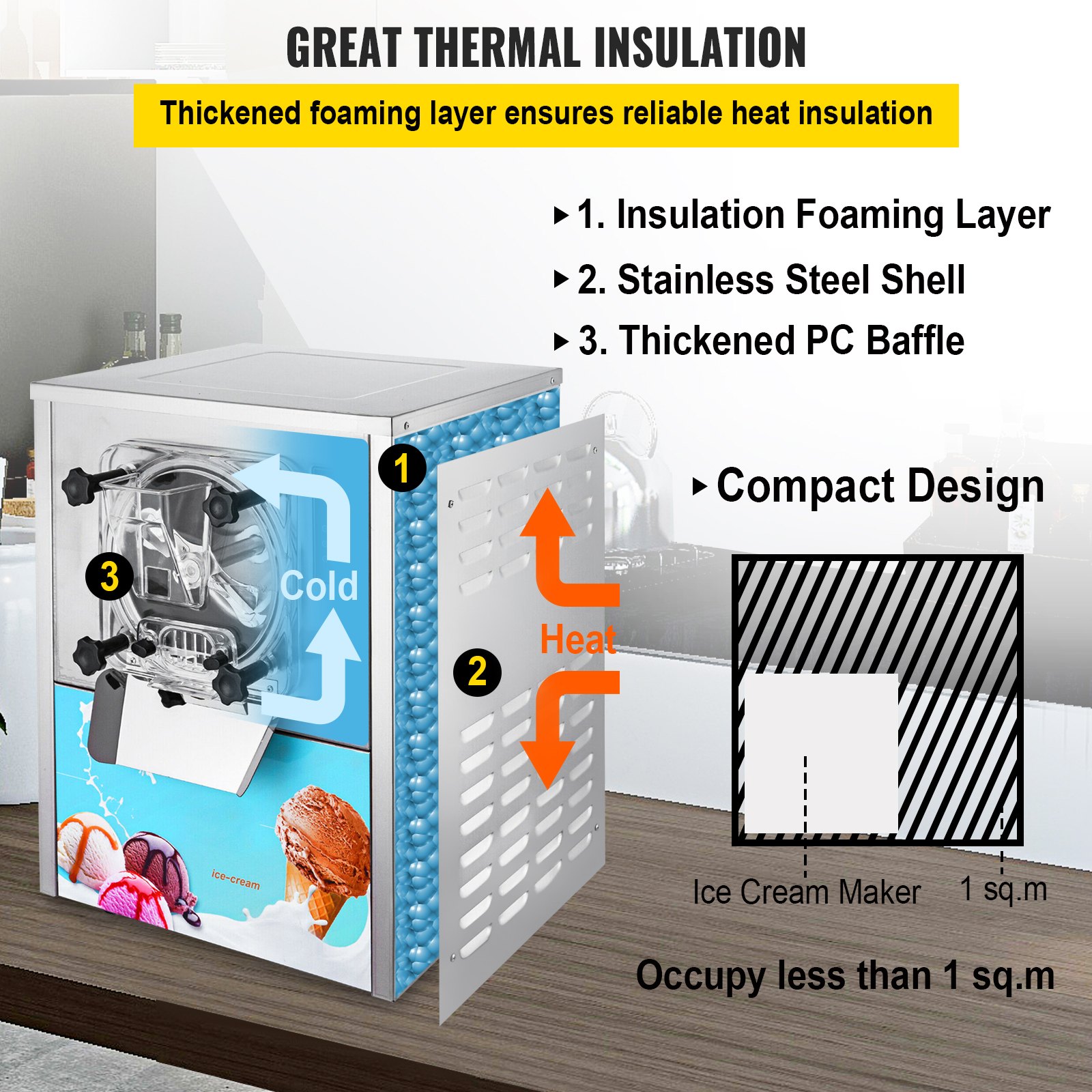 VEVOR Hard Ice Cream Machine 1400W Commercial Ice Cream Machine 3.5-4.5Gal/H Professional Ice Cream Maker Stainless Steel Ice Cream Perfect for Restaurants Cafes Shops