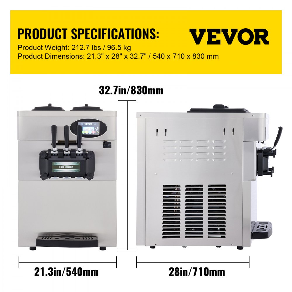 VEVOR Commercial Soft Ice Cream Machine 2200W Countertop Soft Ice Cream Machine 5.3 to 7.4 Gallons per Hour Ice Cream Machine for Restaurants Bars Cafes Bakeries