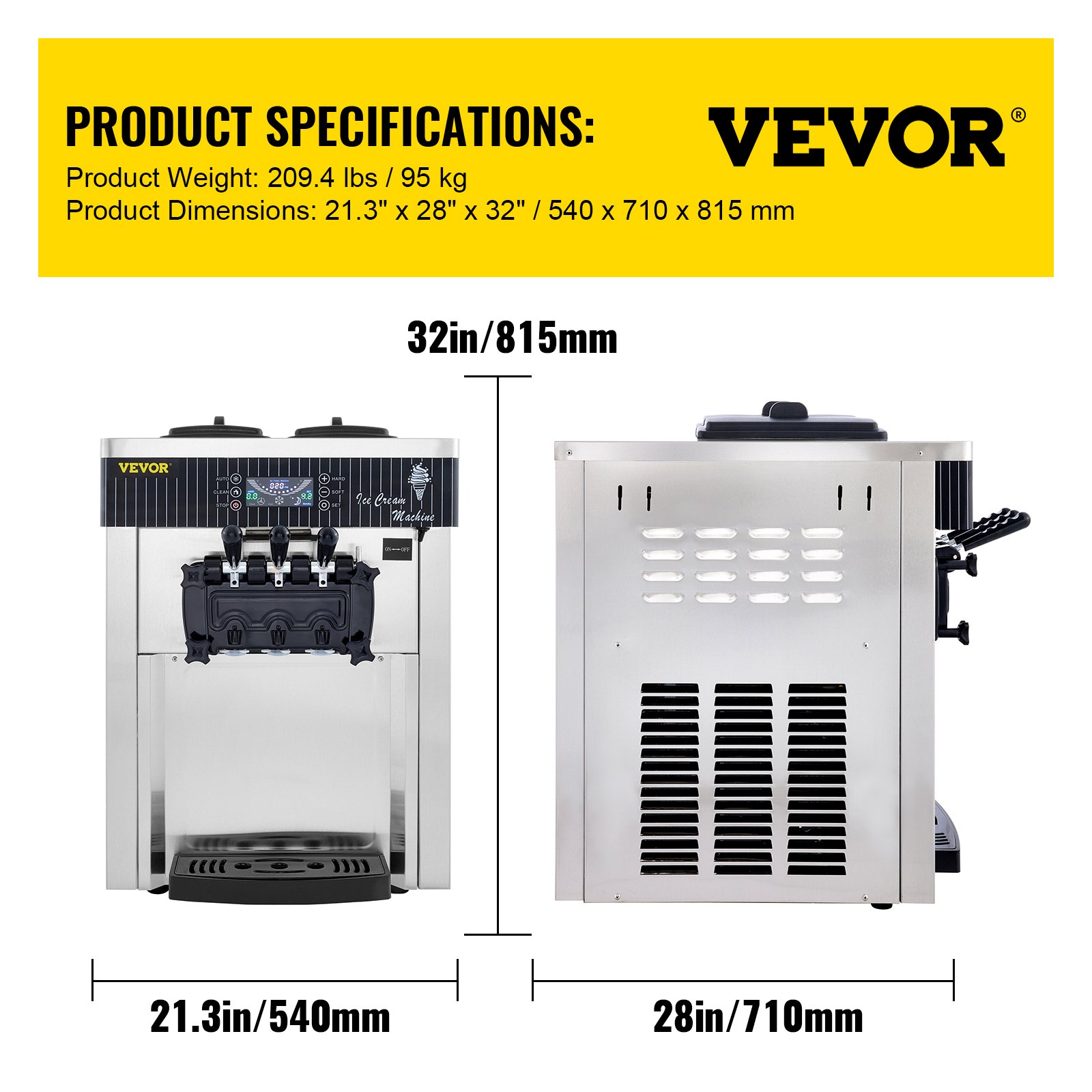 VEVOR Soft Ice Cream Machine 2200W Commercial Countertop Soft Ice Cream Maker Machine 5.3 to 7.4 Gallons per Hour Ice Cream Machine for Restaurants Bars Cafes Bakeries