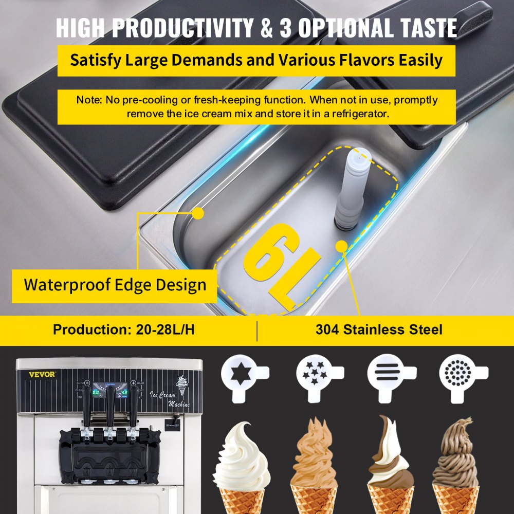 VEVOR - Máquina comercial para hacer helado suave, 2200 W, yogurtera, 3 sabores, 5,3 a 7,4 galones por hora, pantalla LCD autolimpiable, para restaurantes y bares, acero inoxidable