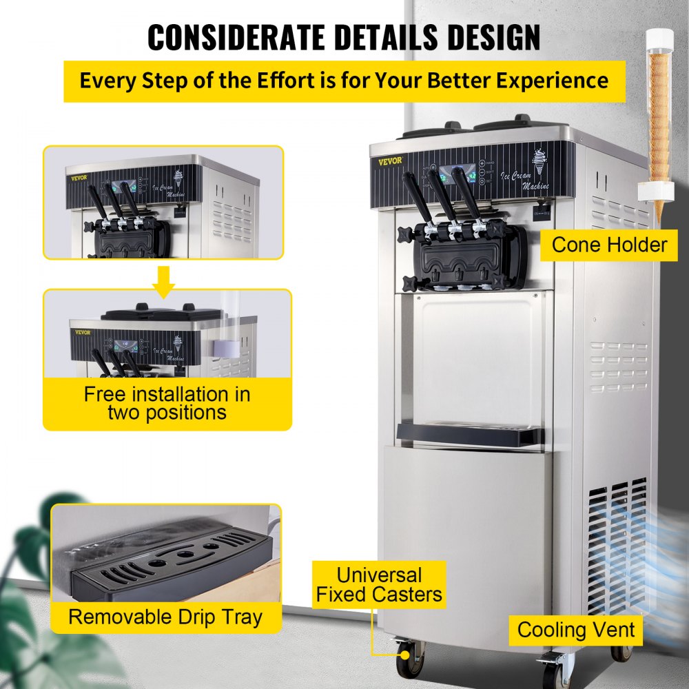 VEVOR - Máquina comercial para hacer helado suave, 2200 W, yogurtera, 3 sabores, 5,3 a 7,4 galones por hora, pantalla LCD autolimpiable, para restaurantes y bares, acero inoxidable