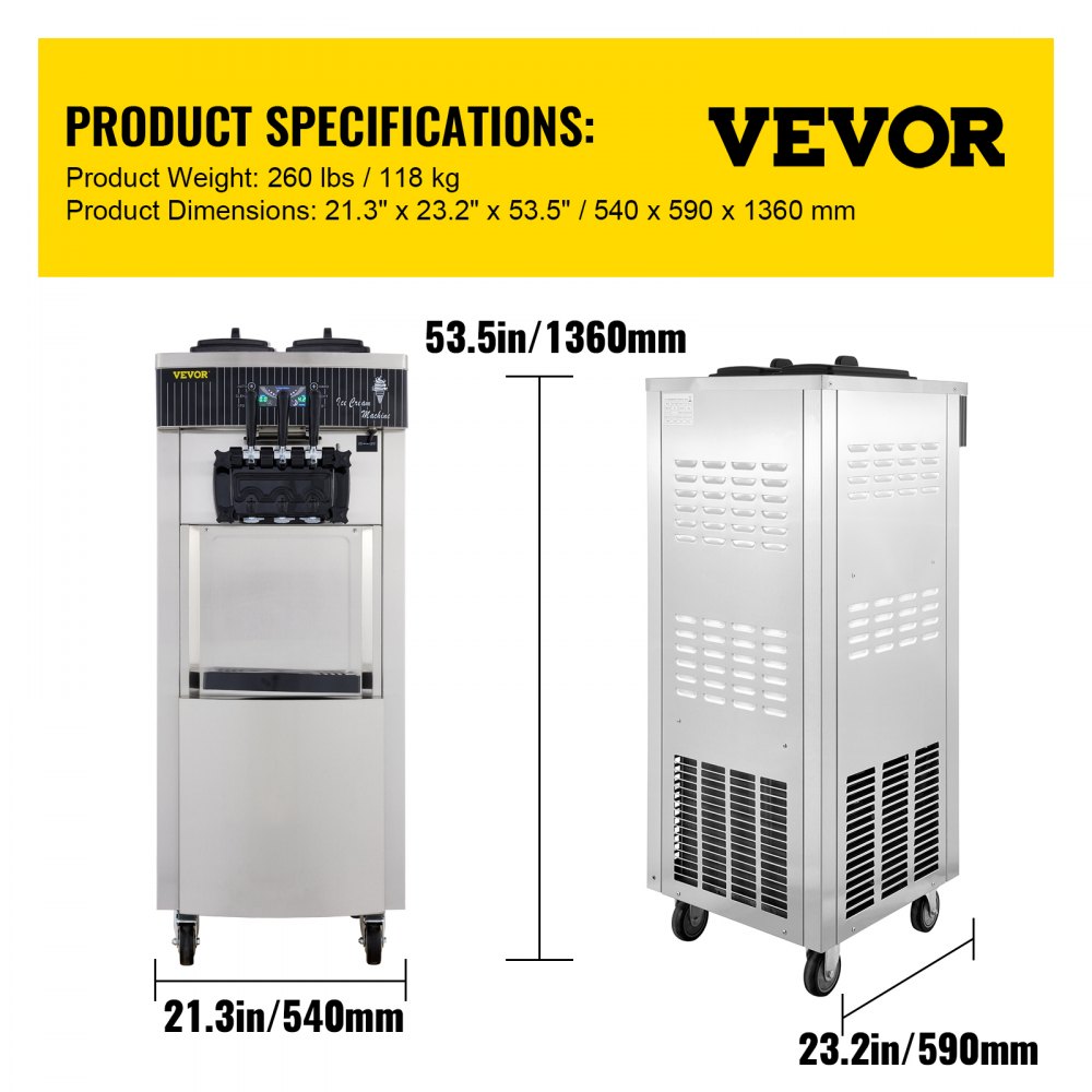 VEVOR - Máquina comercial para hacer helado suave, 2200 W, yogurtera, 3 sabores, 5,3 a 7,4 galones por hora, pantalla LCD autolimpiable, para restaurantes y bares, acero inoxidable