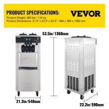VEVOR Commercial Soft Ice Cream Machine, 2200W Serve Yogurt Maker, 3 Flavors Ice Cream Maker, 5.3 to 7.4 Gallons per Hour Auto Clean LCD Panel for Restaurants Snack Bars, Stainless Steel