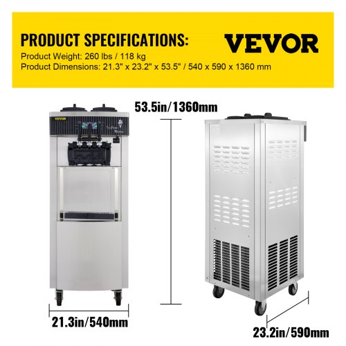 VEVOR Soft Ice Cream Machine 2200W Commercial Vertical Soft Ice Cream Maker Machine 5.3 to 7.4 Gallons per Hour Ice Cream Machine for Restaurants Bars Cafes Bakeries