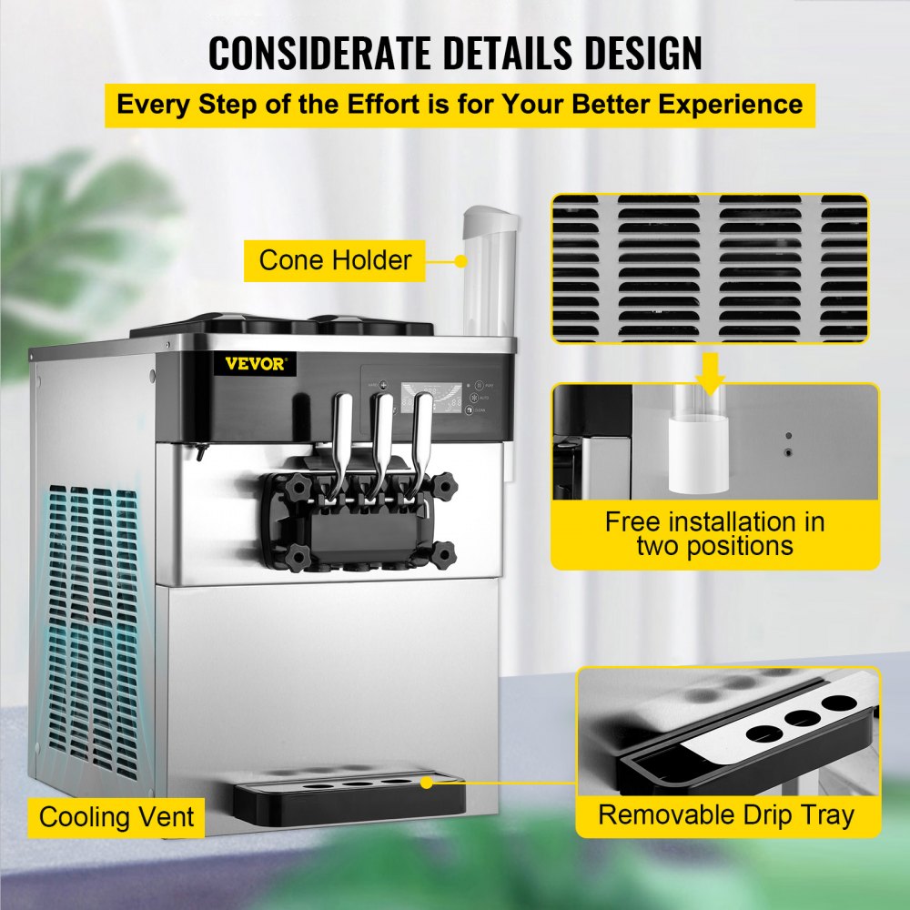 VEVOR 2200W Commercial Ice Cream Machine 20 To 28L or 5.3 To 7.4Galper Hour Soft Serve Ice Cream Maker with LED Display Auto Shut Off Timer 3 Flavors Perfect for Restaurants Snack bar Supermarkets