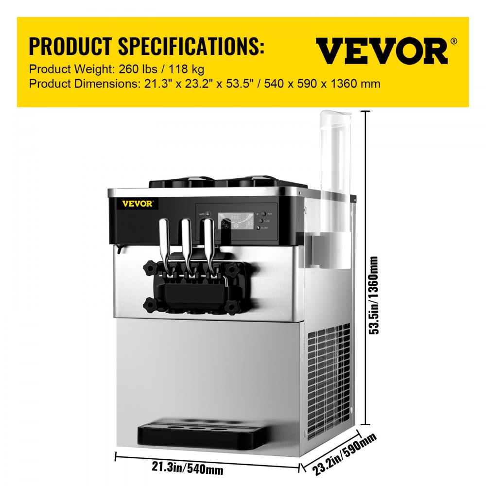 VEVOR 2200W Commercial Ice Cream Machine 20 To 28L or 5.3 To 7.4Galper Hour Soft Serve Ice Cream Maker with LED Display Auto Shut Off Timer 3 Flavors Perfect for Restaurants Snack bar Supermarkets
