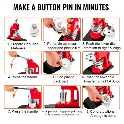 VEVOR Button Maker Machine Badge Pin Machine 1.25" 32MM 500 Free Parts Press Kit