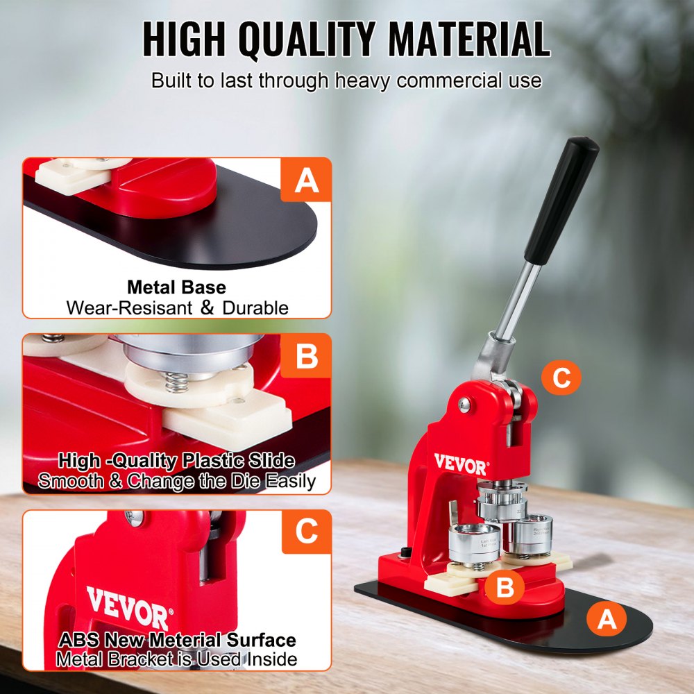 VEVOR button maker machine with durable metal base, high-quality plastic slide, and abs new material surface.