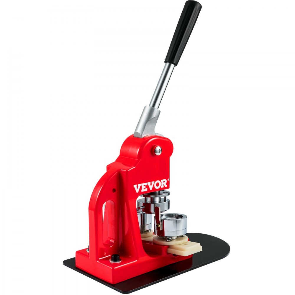 red VEVOR button maker machine with lever handle on black base.