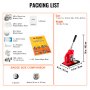 VEVOR button maker machine packing list with components, size, weight, and mr. panda magic book.