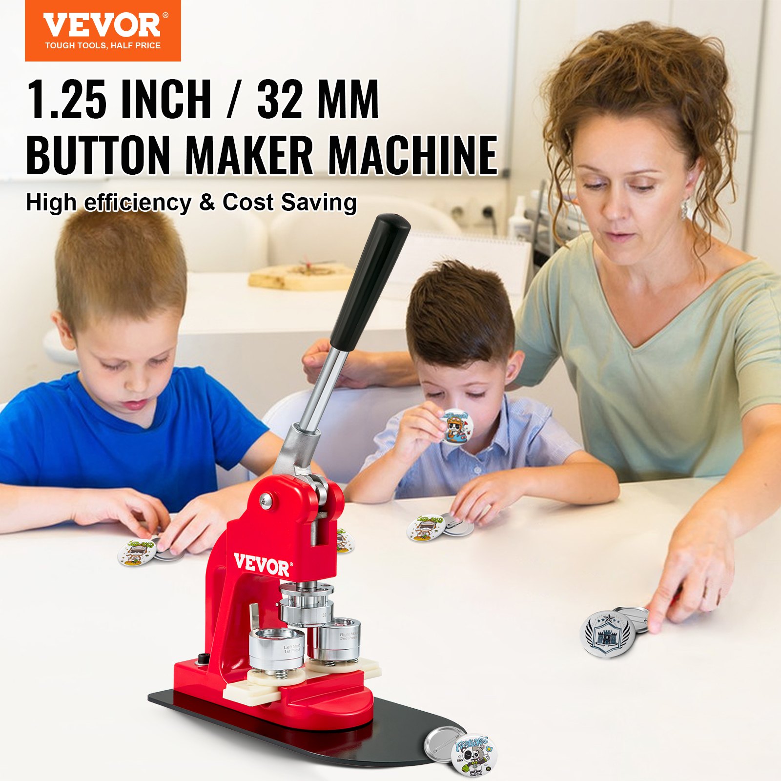 VEVOR button maker machine with family crafting buttons, highlighted text of size and cost efficiency.