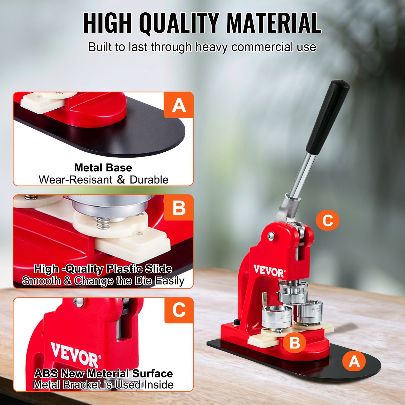 VEVOR button maker machine with durable metal base, high-quality plastic slide, and abs new material surface.