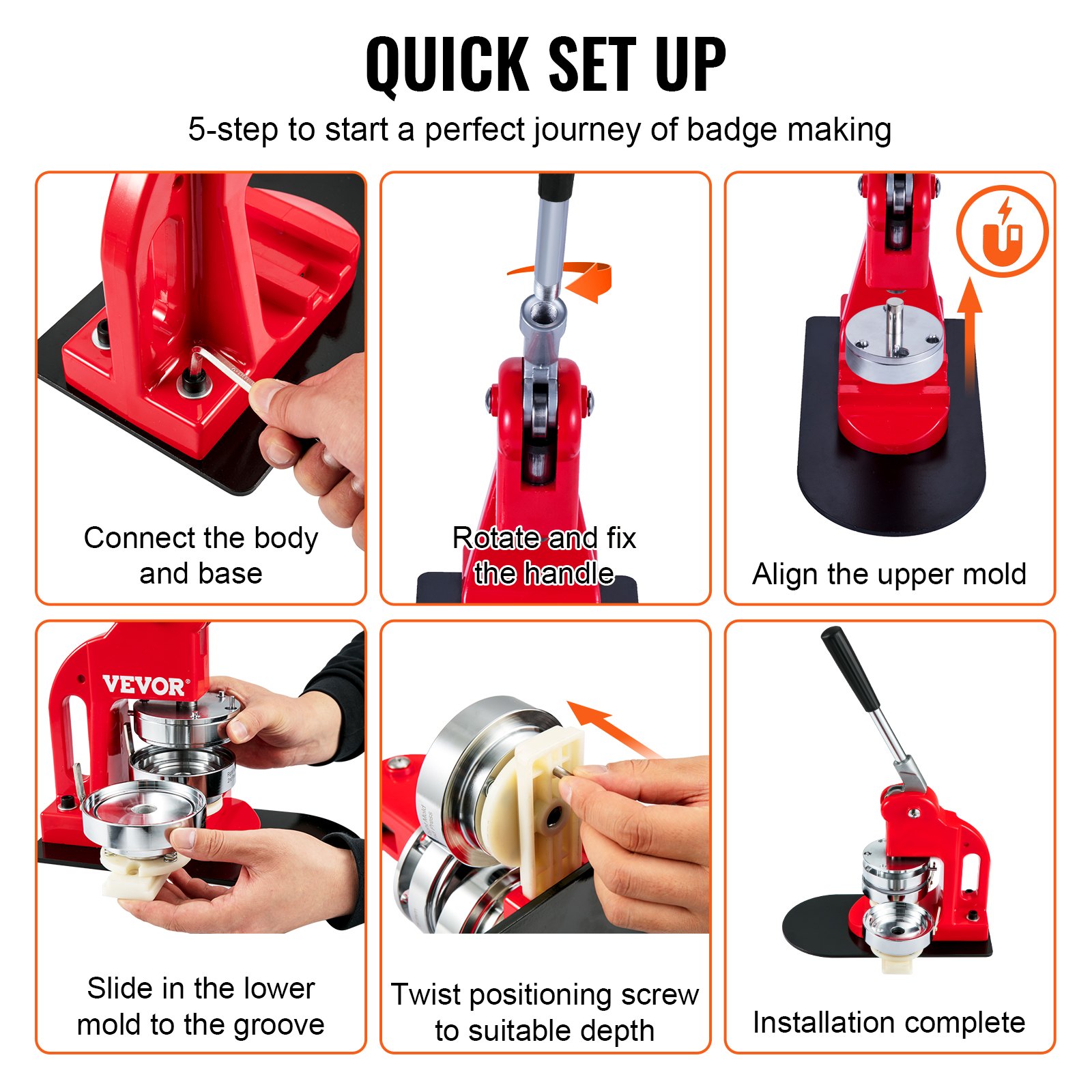 VEVOR button maker machine setup guide in five steps for creating custom badges efficiently.