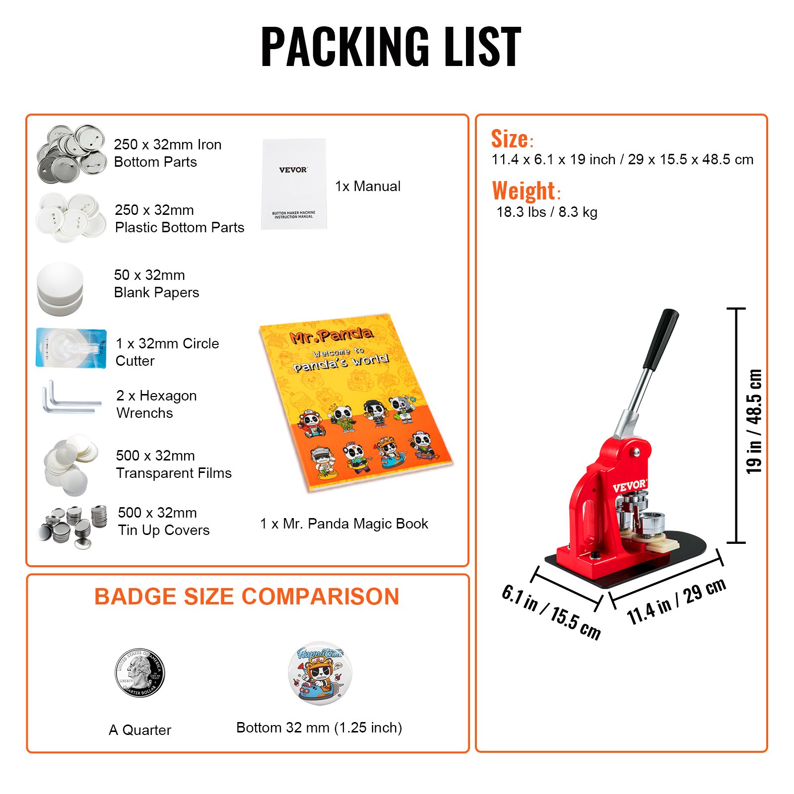 VEVOR button maker machine packing list with components, size, weight, and mr. panda magic book.