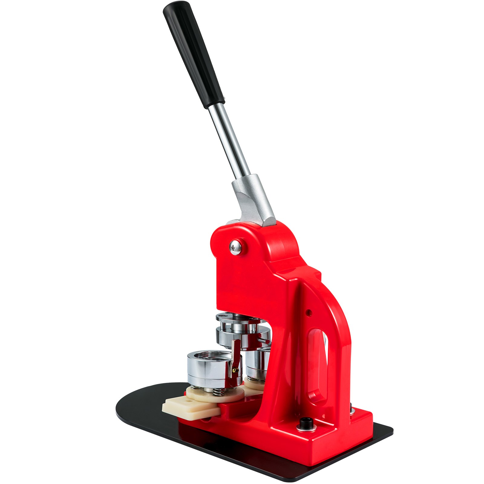 red VEVOR button maker machine with black handle on a white background.