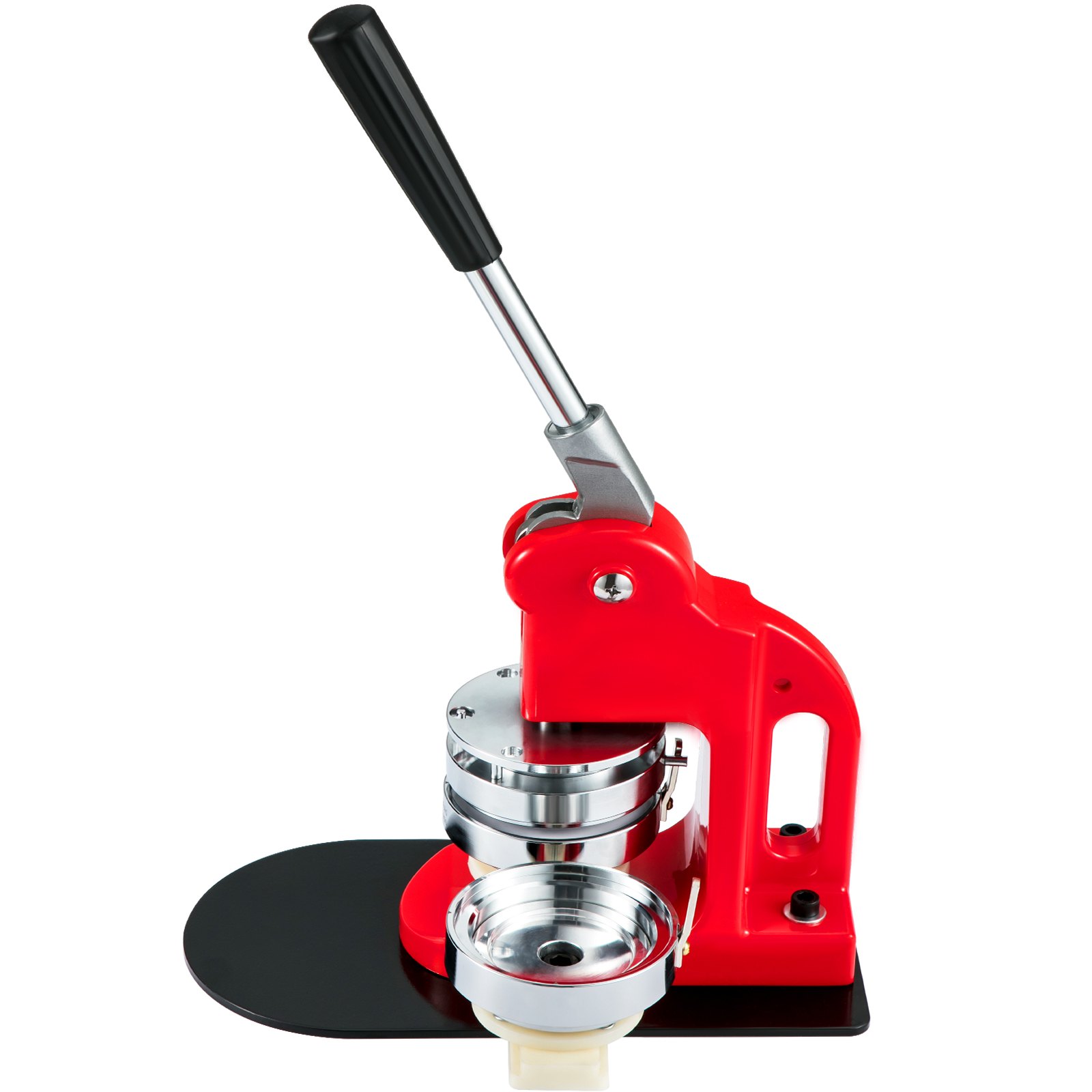 red VEVOR button maker machine with black handle and shiny metal components.