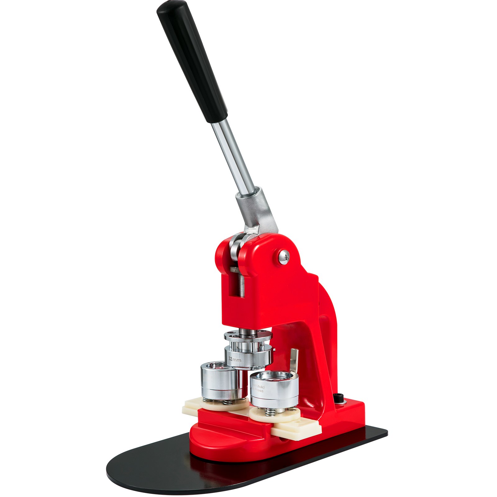 red VEVOR button maker machine with a black handle and metal components on a black base.