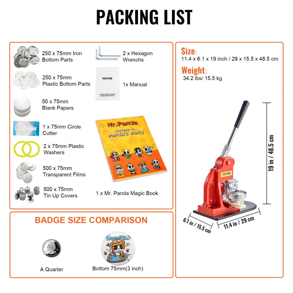 VEVOR Button Maker Machine, 75 mm (3 inch) Badge Punch Press Kit, Children DIY Gifts Pin Maker, Button Making Supplies with 500pcs Button Parts & Circle Cutter & Magic Book
